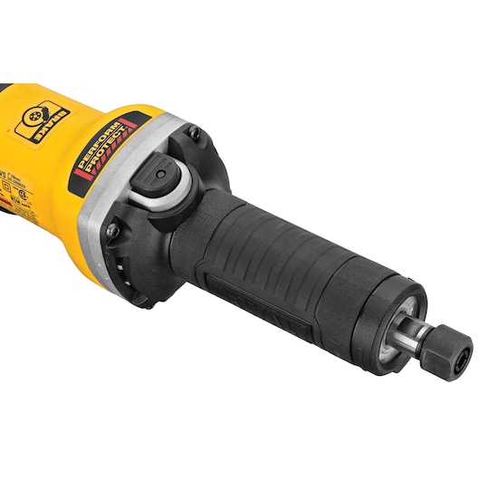 Close-up of a DEWALT electric die grinder, showing the handle, power switch, and the collet for attaching accessories.