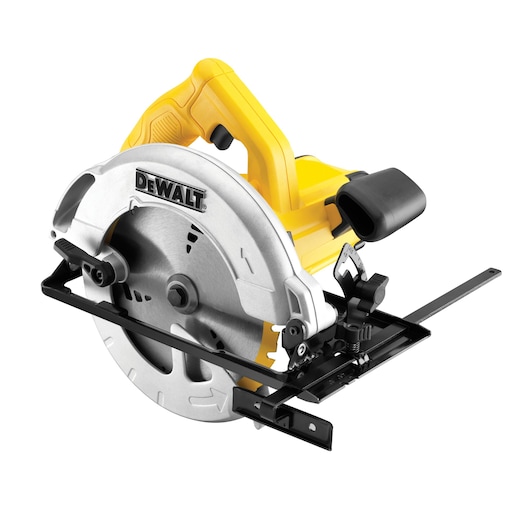 DEWALT DWE560K circular saw with yellow handle and silver blade on a white background.
