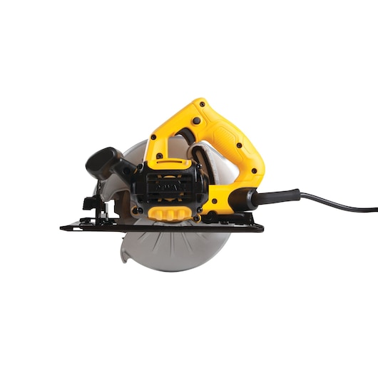 Electric yellow DEWALT circular saw with cord, shown from the side on a white background.