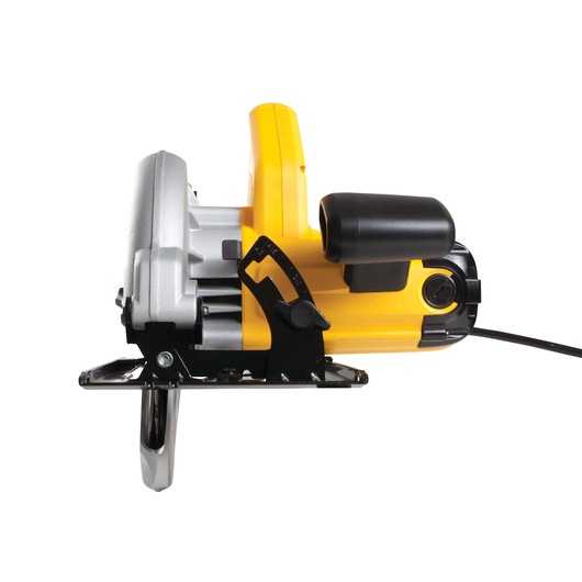 Side view of a yellow and black DEWALT circular saw with cord, showing blade and handle.
