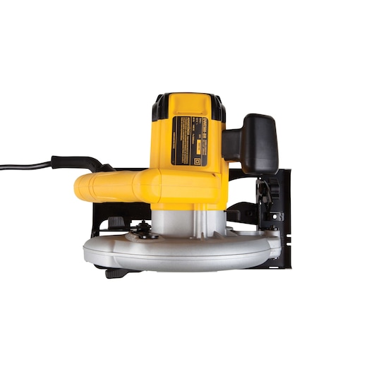 Yellow DEWALT DWE560 circular saw photographed from above, showing handle, cord, and blade guard.