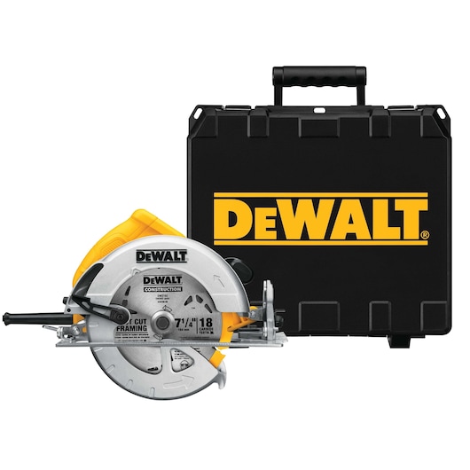DEWALT circular saw with carrying case, both branded with DEWALT logo on a white background.
