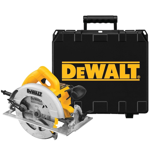 DEWALT circular saw with carrying case shown. Power tool is yellow and silver, case is black with DEWALT logo.