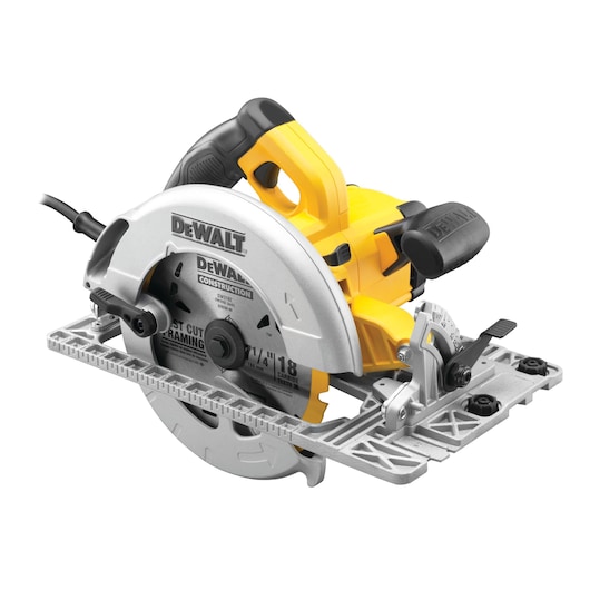 DEWALT corded circular saw with yellow and black handle, metal blade guard and base, shown from side view.