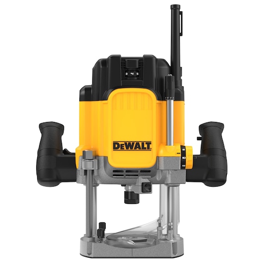 Front view of a DEWALT DWE625KT plunge router with black handles and visible adjustment controls.