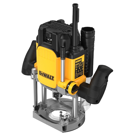 DEWALT plunge router with yellow and black body and dual handles for woodworking and precision tasks.