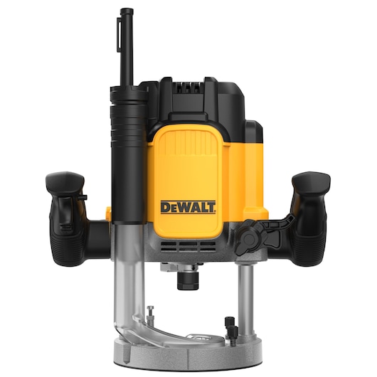 DEWALT plunge router with yellow and black body, two handles, and a transparent base, front view.