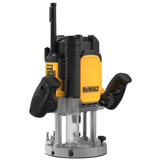 DEWALT DWE625KT router with yellow and black body, ergonomic handles, and sturdy base for woodworking precision.