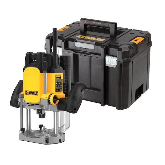 DEWALT plunge router and black storage case, shown together on a white background.