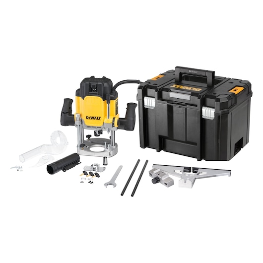 DEWALT router kit with yellow router, black case, and accessories arranged on a white surface.