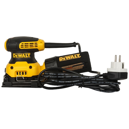 A DEWALT DWE6411 palm sander with a dust collection bag and a black sanding pad attachment displayed on a white background.