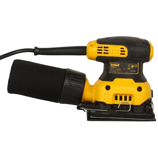 DEWALT electric palm sander with dust collection bag, model DWE6411, shown in yellow and black colors.