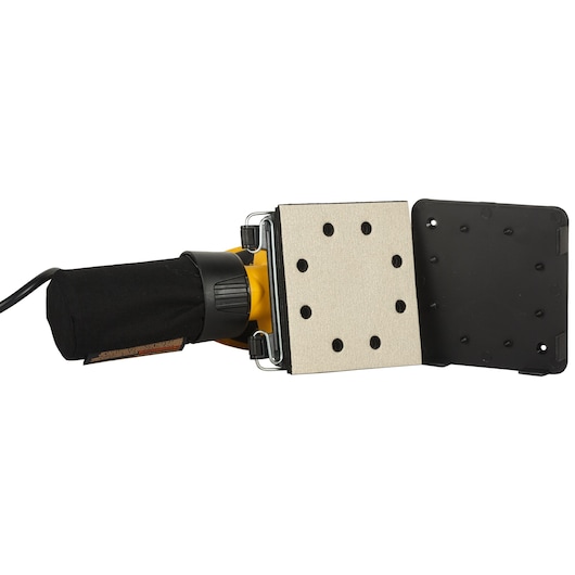 A DEWALT DWE6411 sheet palm sander, shown in yellow and black colors with a power cord attached, designed for woodworking and surface finishing.