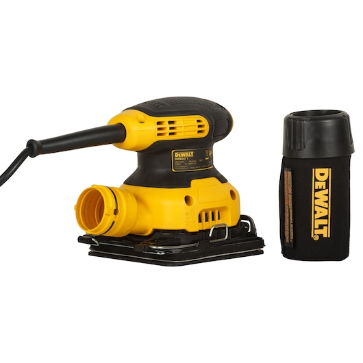 A DEWALT DWE6411 palm sander with a yellow and black body, featuring a dust collection bag attached to the side and a square sanding pad at the base.