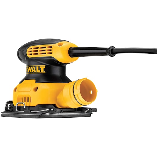 A DEWALT DWE6411 electric palm sander in yellow and black color, shown with a power cord and dust port on a white background.