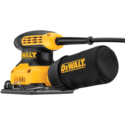 Close-up image of a DEWALT electric palm sander with a dust collection bag, featuring a yellow and black design and a flat sanding base.