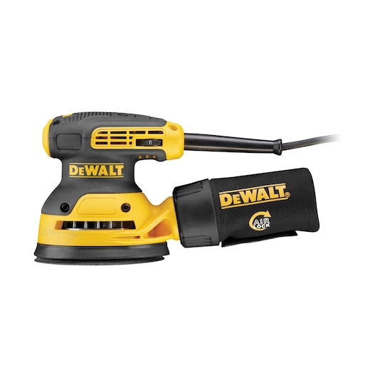 DEWALT DWE6423 yellow and black electric random orbital sander with dust collection bag attached, photographed on a plain white background.