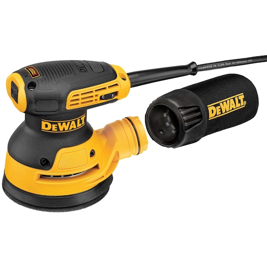 A DEWALT DWE6423 variable speed random orbit sander with a dust collection bag, shown in yellow and black colors.