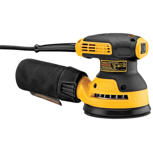 A DEWALT DWE6423 variable speed random orbit sander, featuring a yellow and black design with a dust bag attached.