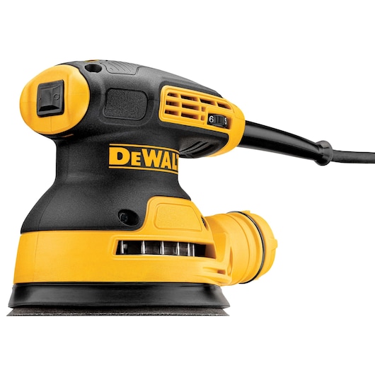 A DEWALT orbital sander, model DWE6423, featuring a yellow and black body, power cord, and speed adjustment dial. The tool is designed for sanding surfaces and is shown against a white background.