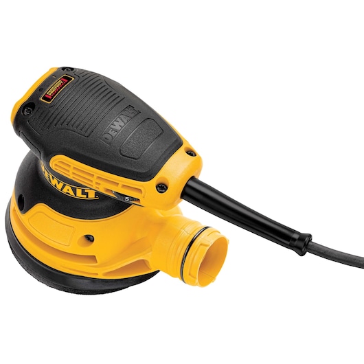 A DEWALT DWE6423 electric random orbital sander with a black and yellow design, featuring a power cord and a dust port connector.