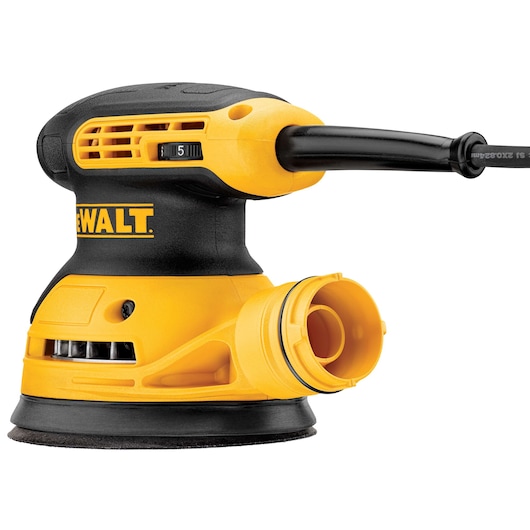 A close-up image of a DEWALT DWE6423 yellow and black electric orbital sander. The tool has a round sanding pad, a power cord, and visible ventilation slots with a variable speed switch. The DEWALT logo is printed in yellow.