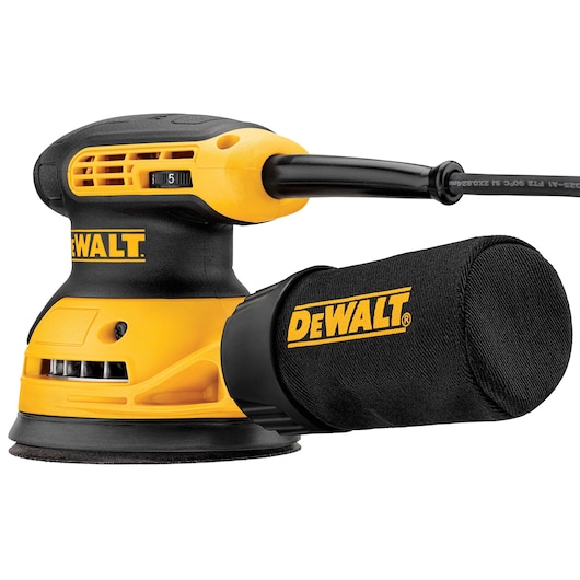 A yellow and black DEWALT random orbit sander with dust collection bag, power cord, and adjustable speed settings. The sander is shown in a close-up view against a white background.