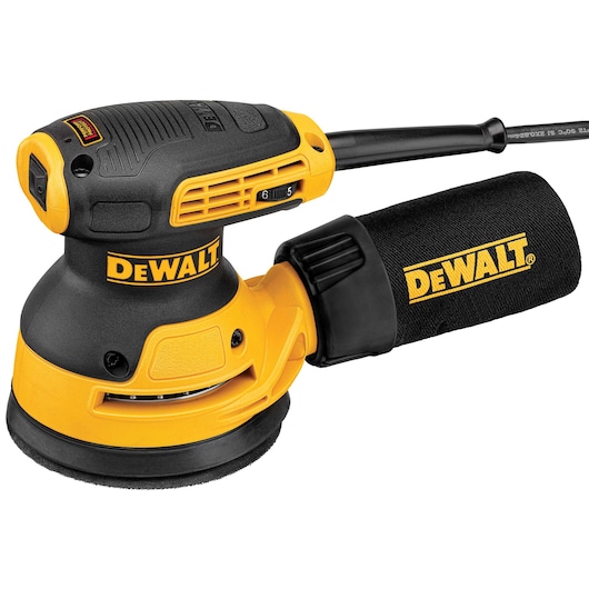 A DEWALT DWE6423 variable speed random orbit sander with dust collection bag, shown in yellow and black color.