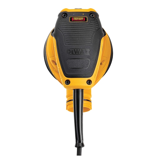 Front view of a DEWALT DWE6423 variable speed random orbit sander with a yellow and black design and a power cord extending from the bottom.