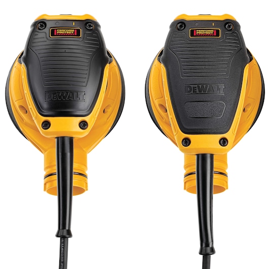 Two DEWALT DWE6423 sanders are shown side by side, displaying their yellow and black bodies and power cords.