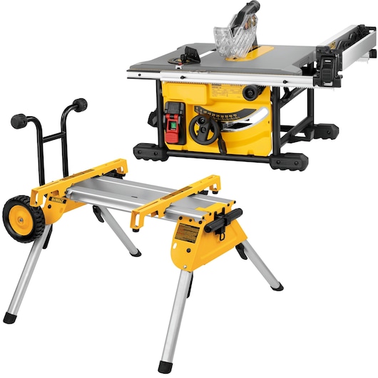 DEWALT table saw with stand and wheels, yellow and black design, suitable for woodworking tasks.