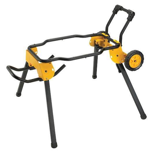 A portable DEWALT saw stand with a yellow and black frame, equipped with wheels and foldable legs, designed for supporting table saws.