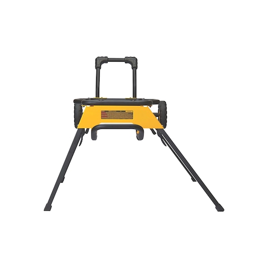 Front view of a DEWALT portable rolling stand for a table saw, featuring a yellow frame, black folding legs, and two large wheels for easy mobility.