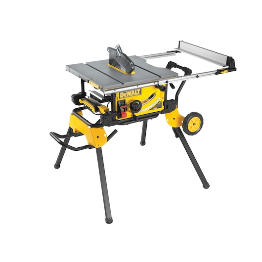 DEWALT table saw with wheeled stand and adjustable fence for woodworking and construction tasks.