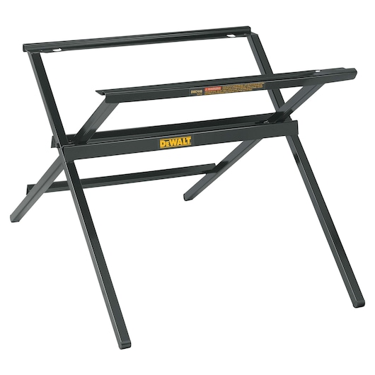 DEWALT folding metal stand for supporting tools, black finish, sturdy and compact for workshop use.