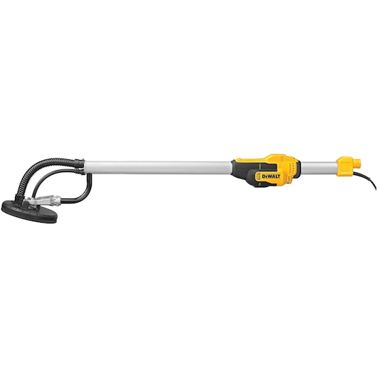 A DEWALT electric drywall sander with a yellow and black handle and long silver shaft. The device features a circular sanding head and a flexible hose attached for dust extraction.