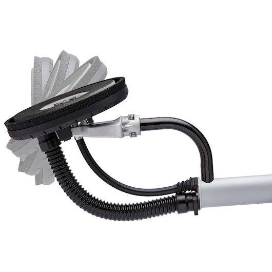 DEWALT drywall sander head with hose, showing pivot action. SKUs: DWE7800, DWE7800-QS.