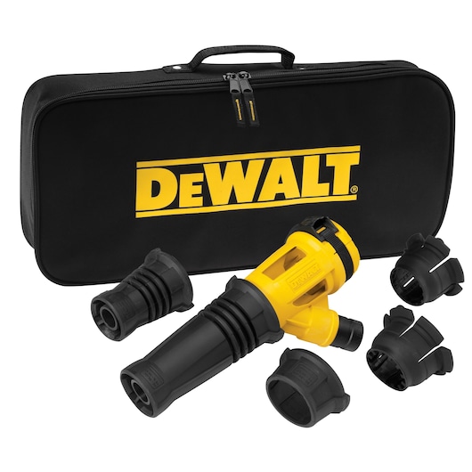 DEWALT dust extractor accessory kit with yellow and black parts, adapters, and carrying case.