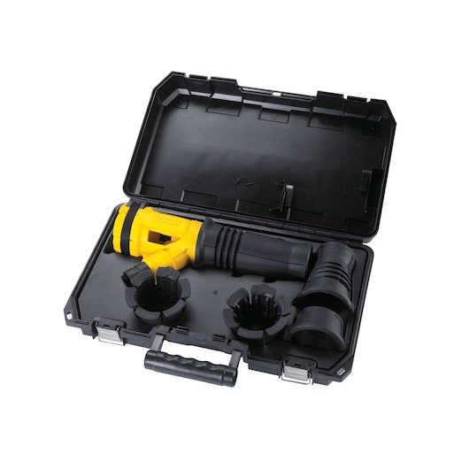 DEWALT DWH051 dust extraction accessory set in a black carrying case with multiple attachments.