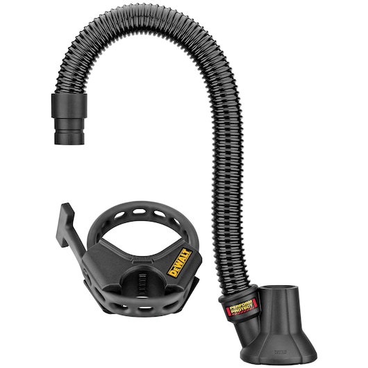 A DEWALT dust extraction attachment kit featuring a flexible black hose and a clamp-like connector, designed for use with power tools to help collect dust during drilling.