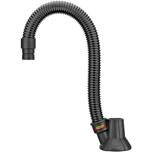 A flexible black dust extraction tube accessory by DEWALT with a wide base and a curved hose. The base features a Perform & Protect label, designed for use with power tools to capture dust during operation.