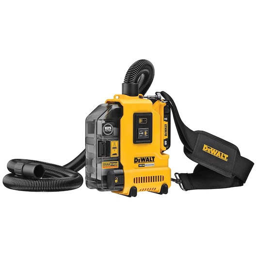 DEWALT portable dust extractor with hose and shoulder strap, yellow and black design.