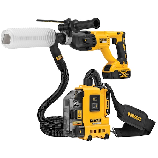 DEWALT cordless dust extractor with hose and battery, designed for tool compatibility and efficient dust collection.