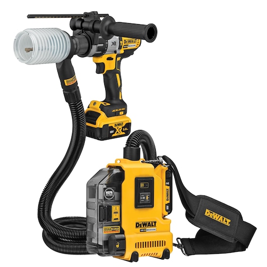 DEWALT cordless dust extractor with hose and drill attachment, yellow and black, portable design.