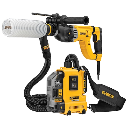 DEWALT dust extractor system with hose, drill attachment, and carrying strap in yellow and black.
