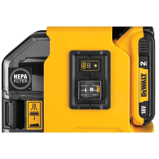 Close-up of a DEWALT DWH161D1 tool, showing controls, HEPA filter label, and battery indicator.