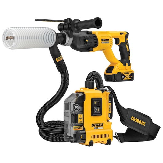 DEWALT cordless dust extraction system with drill and hose for worksite dust control, yellow and black design.