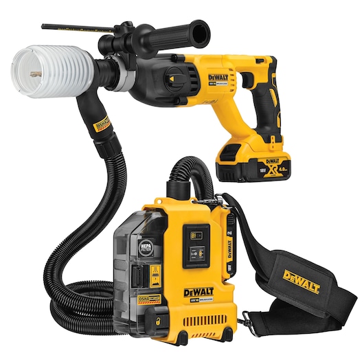 DEWALT cordless dust extractor with HEPA filter and hose, attached to a power tool, for clean drilling.