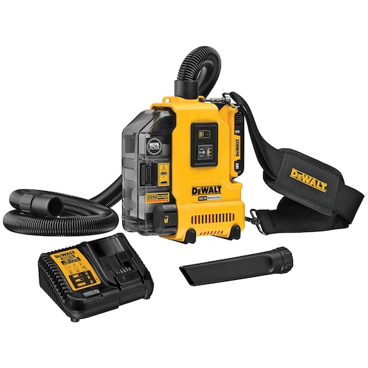 DEWALT portable dust extractor with hose, charger, nozzle and carrying strap, designed for tool dust collection.