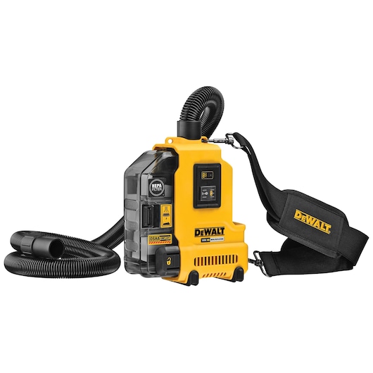 Yellow DEWALT portable dust extractor with hose and shoulder strap, model DWH161N, for photography equipment cleaning.